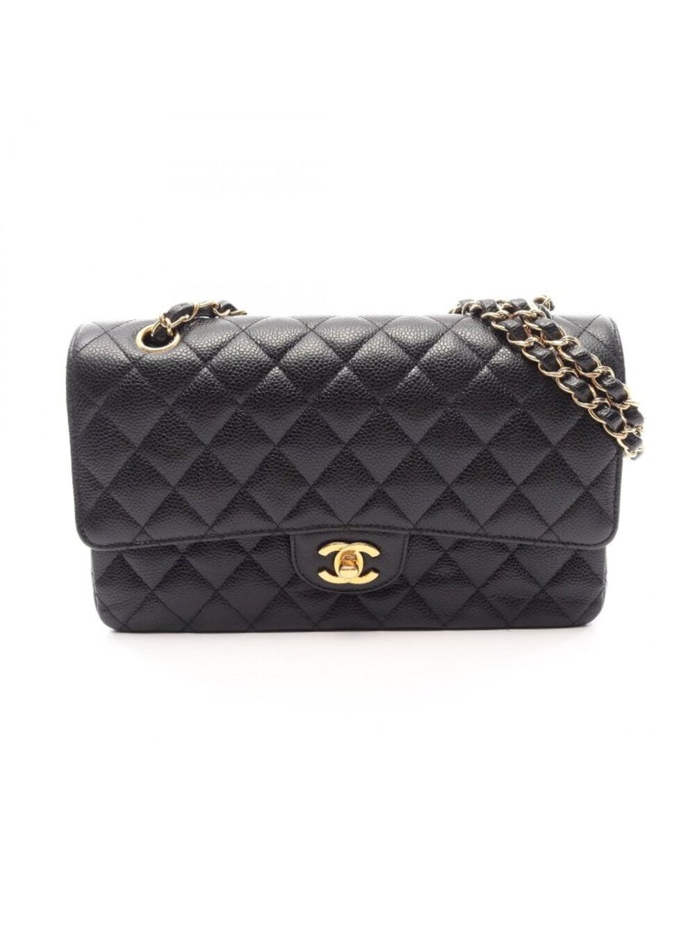 Chanel Shoulder Bag Quilted Double Flap Black Caviar Leather Chain